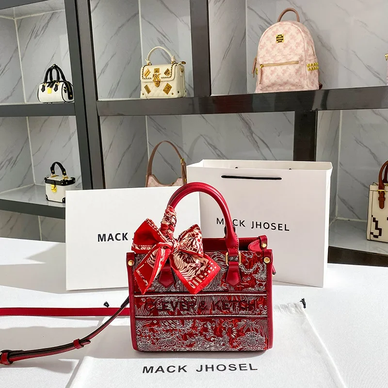 Red bag for bride, with embroidery, high-quality style