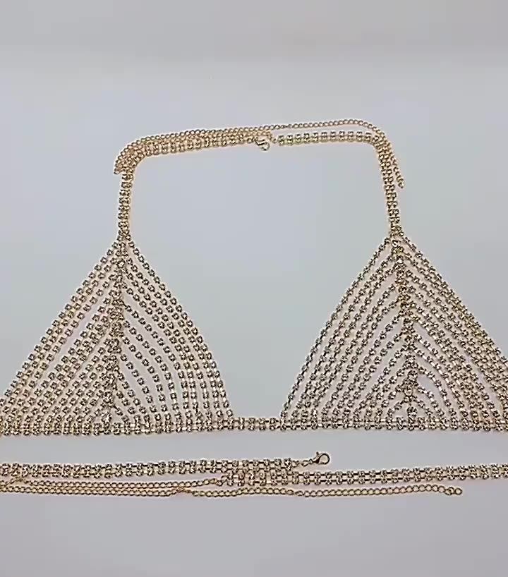 Bulk Body Jewelry Gold Rhinestone Chest Bikini Panties And Bra Sets