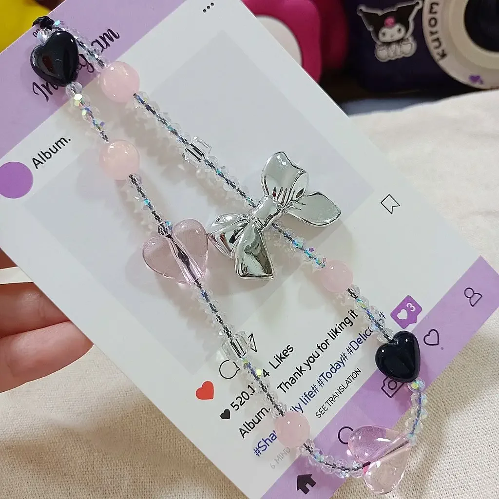 原創ins甜酷黑粉蝴蝶結串珠手機鏈愛心ccd相機掛飾防掉簡約精緻