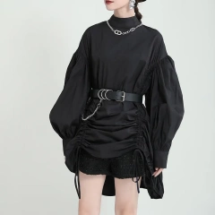 2025春裝新款復古抽帶可調節時尚寬鬆連衣裙 赫本風法式連衣裙女