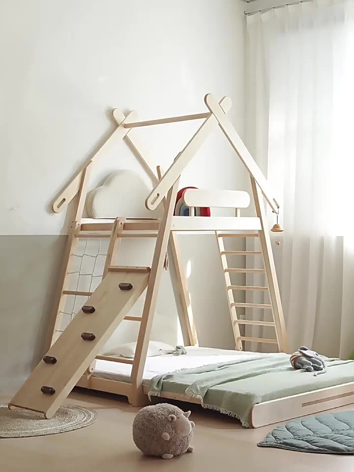 Modern Kids Montessori House Bed Wooden Toddler Bunk Bed With Playhouse