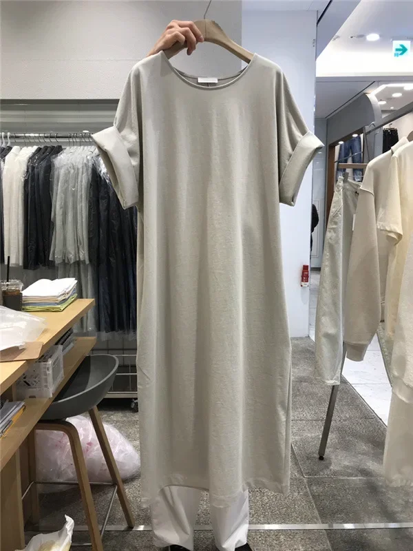 Women's Loose Medium-Length Knee-Length Lazy Cotton Dress with Short Sleeve T-shirt - New Arrival 2025 Summer from Dongdaemun, Korea