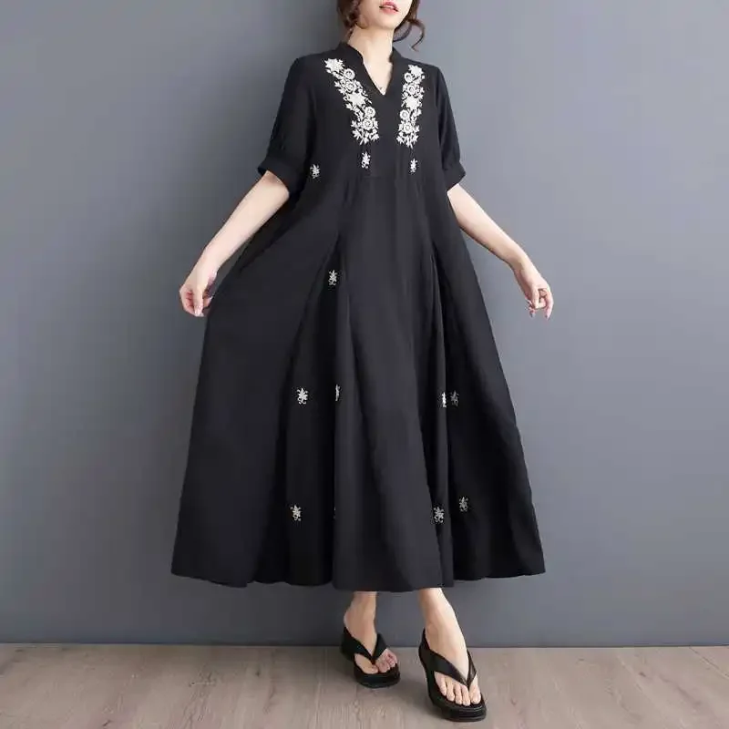 Summer megaphone, dress, Korean style, loose fit, flowered, with embroidery, plus size