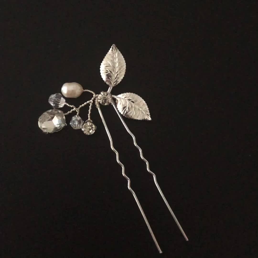 Wedding Hair Pin Handmade Freshwater Pearl Clear Crystal Hair