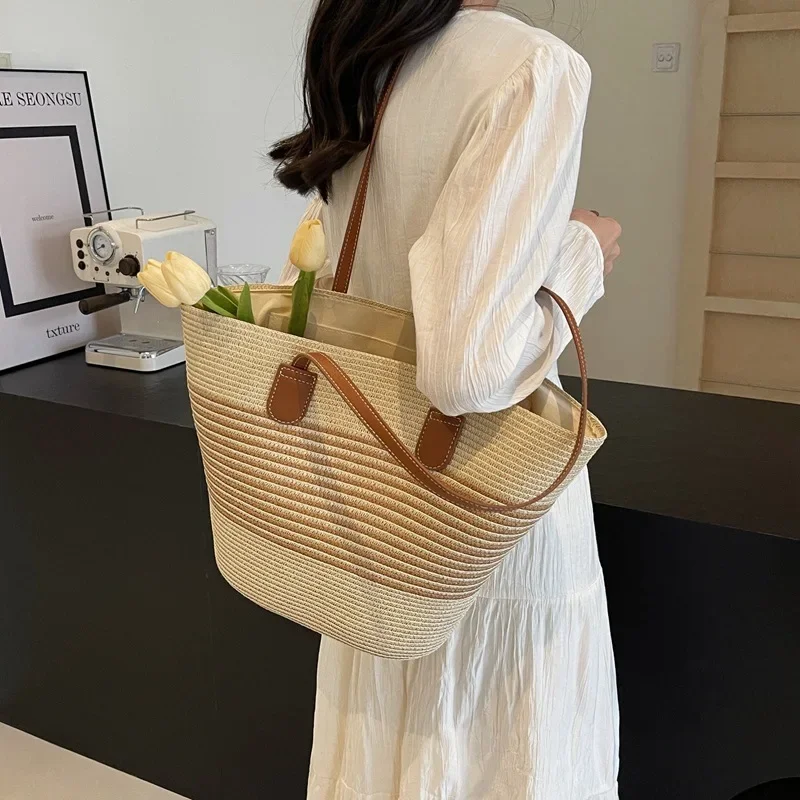 Straw Large Bag Women's Summer Seaside Tote Bag Large Capacity Woven Shoulder Bag Rattan Straw Bag Vegetable Basket Bucket