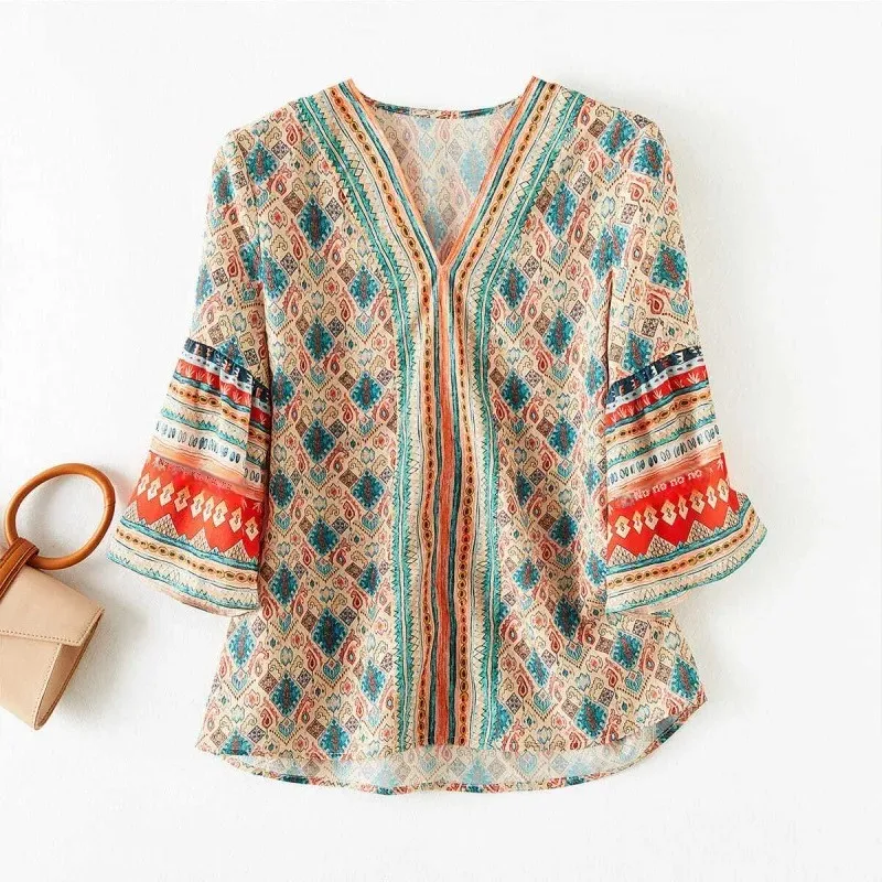 Ethnic style printed chiffon shirt 2021 summer new V-neck loose flared 3/4 sleeve shirt women's top