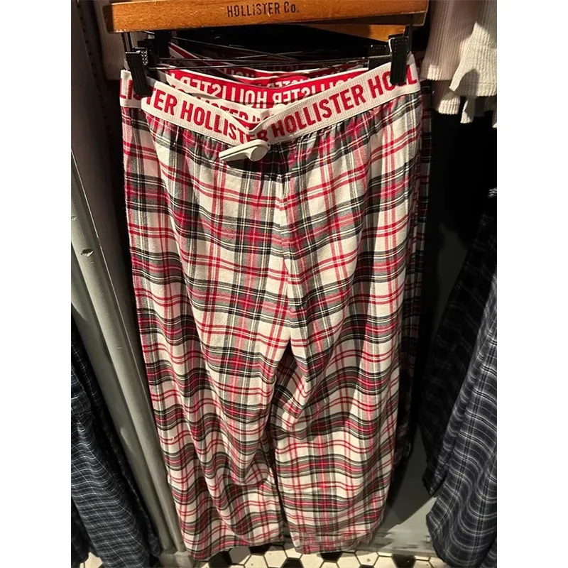 Japanese Style Retro Plaid Pajama Pants Women's Summer Pure Cotton Wide Leg Pants Thin Walking Pants Home Long Pants for Outer Wear