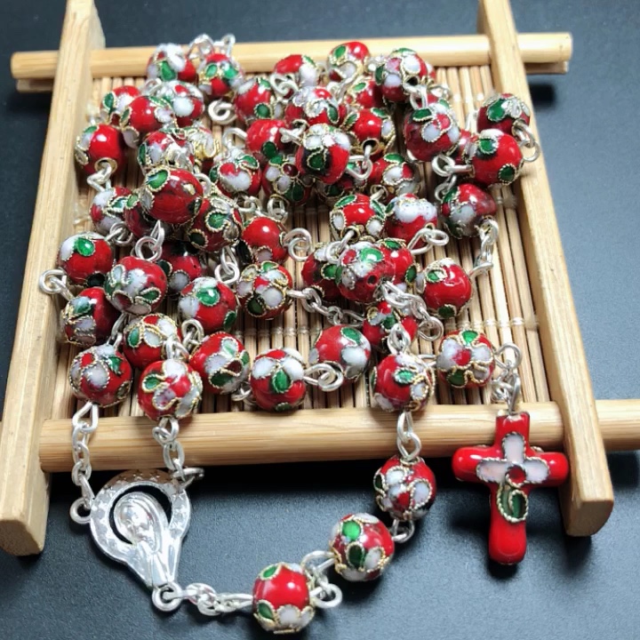 Wholesale 8mm Red Cloisonne Beads Catholic Rosary Necklace,Beautiful