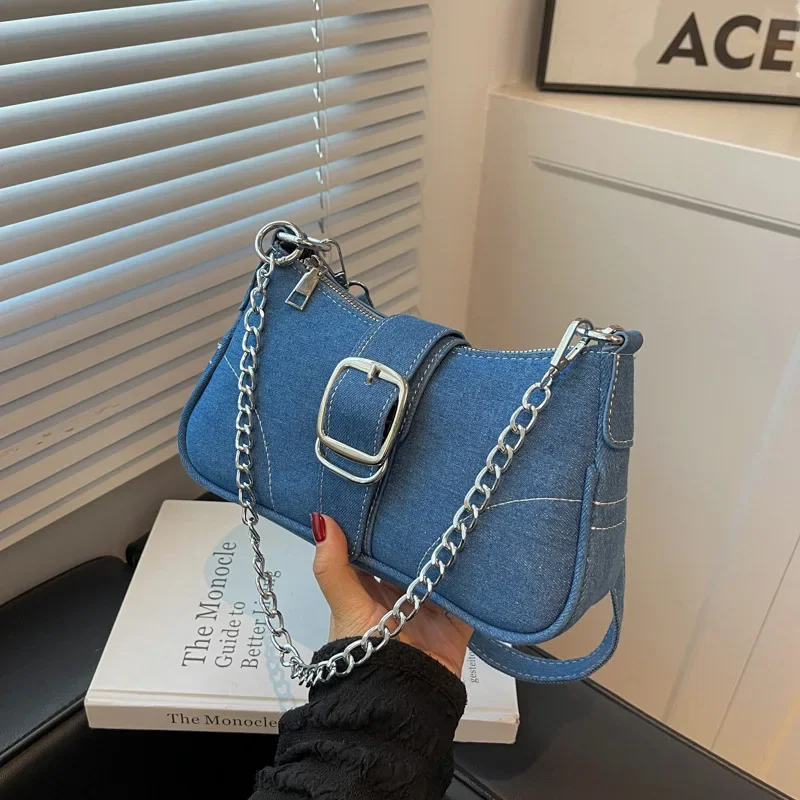High-end Denim Canvas Underarm Bag Women's Fashionable Chain Shoulder Crossbody Bag Spring All-match Shoulder Dumpling Bag
