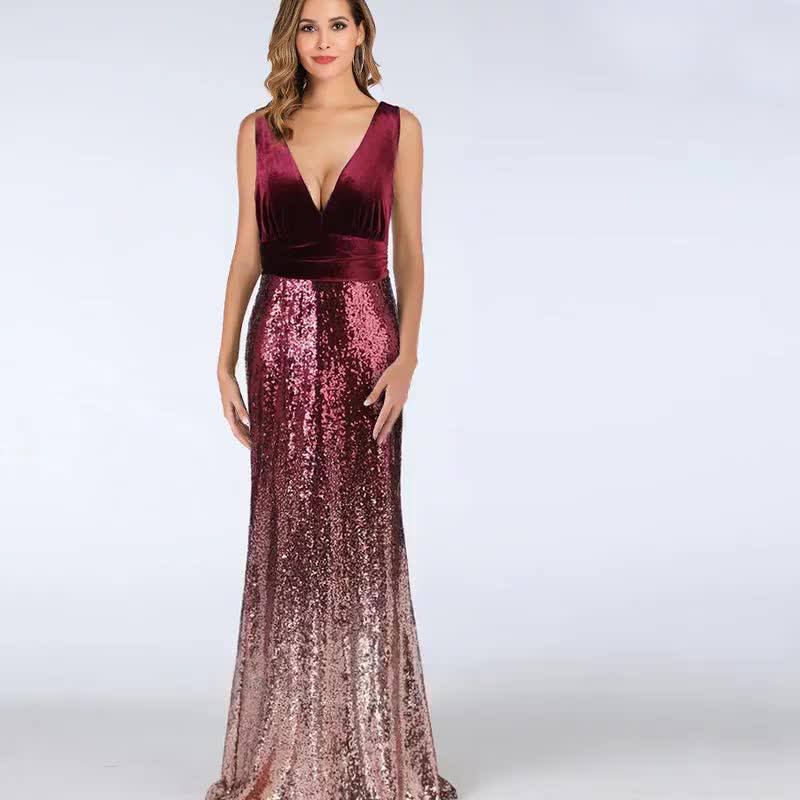 Hot Sale Ladies Dress Velvet Splicing Mermaid Sequins Sexy Vneck Party