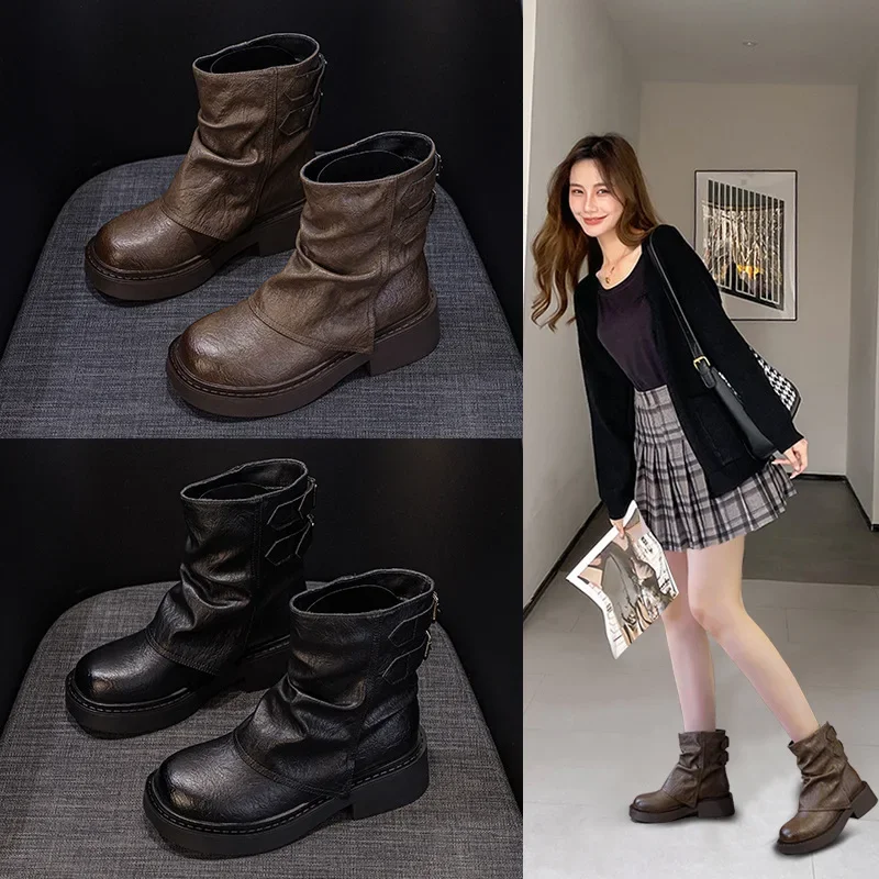 British style short boots women's 2024 new autumn and winter pleated knight boots thick bottom trouser boots women's pile of student boots