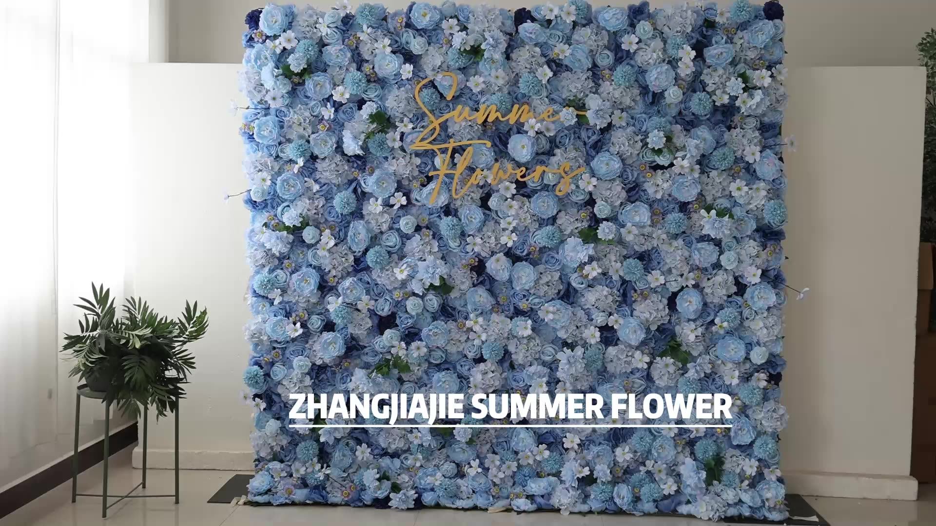 New Design 3d Fabric Artificial Flower Wall Panels Decor Blue Backdrop