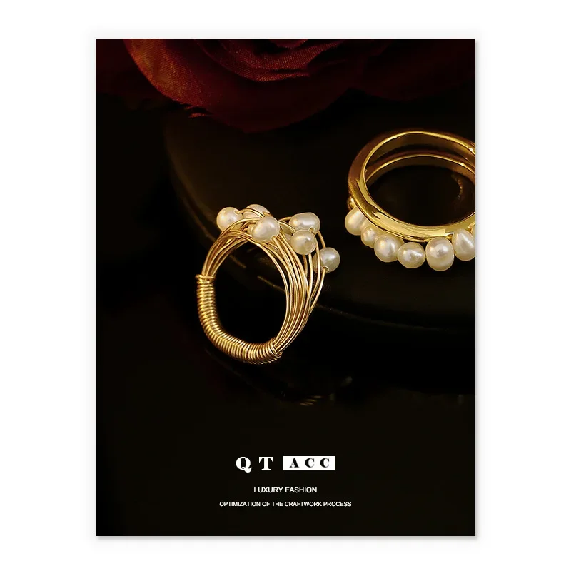 Brass retro elegant organic ring handmade pearl