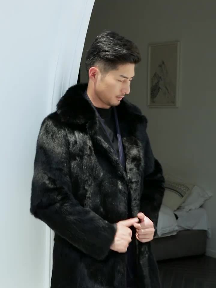 Carter ブラック ラビットファー コート ラペル フロント メンズ