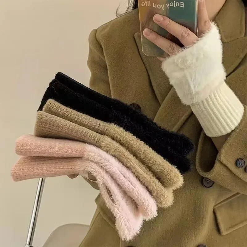 Demi-season knitted keep warm fleece gloves, internet celebrity, fingerless, wholesale