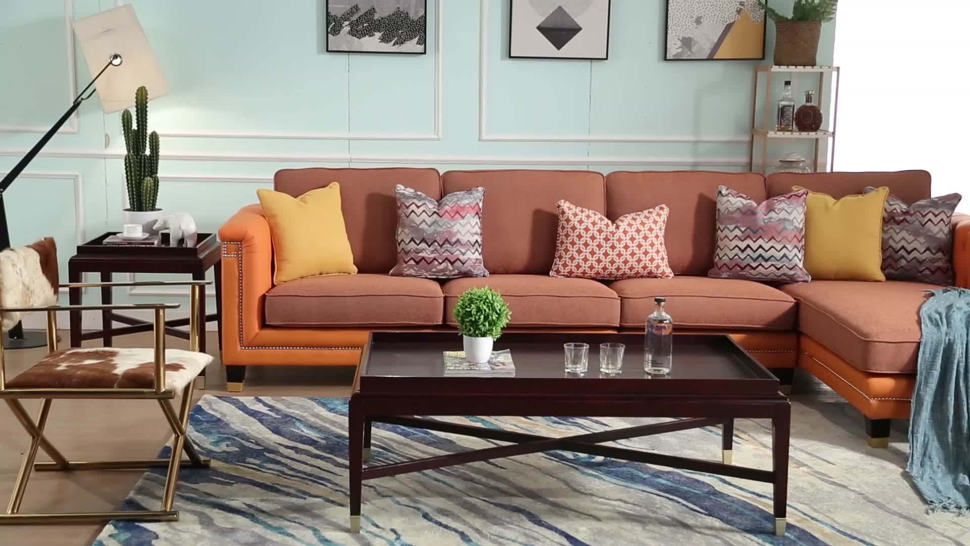 Patchwork Leather Fabric Modern Modular L Shaped Sectional Corner Furniture Sofa Set With