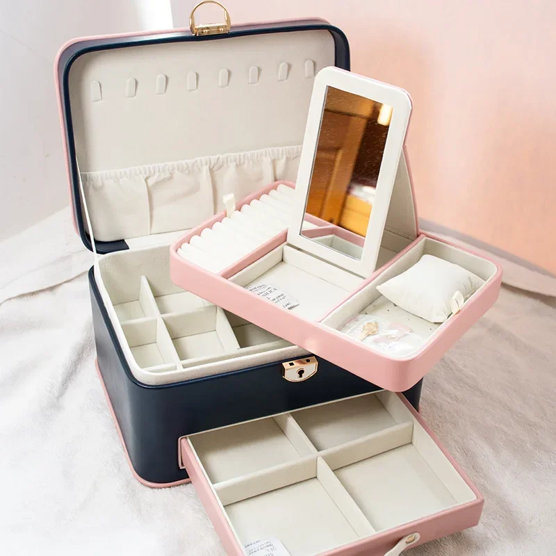 Leather Jewelry Box Three-layer Desktop Jewelry Storage Box Multi-layer Storage Large Capacity Household Wholesale PU Cute Table