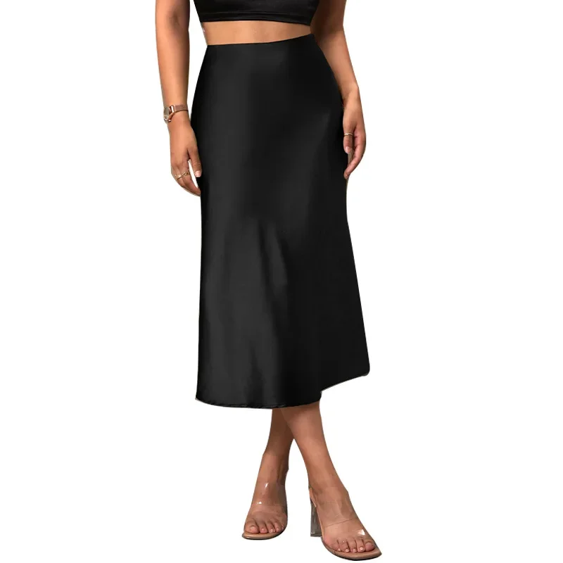 Cross-border Trade European and American Style Satin Half Skirt 2025 Spring and Summer Amazon Elegant Polyester Medium Length A-line Skirt