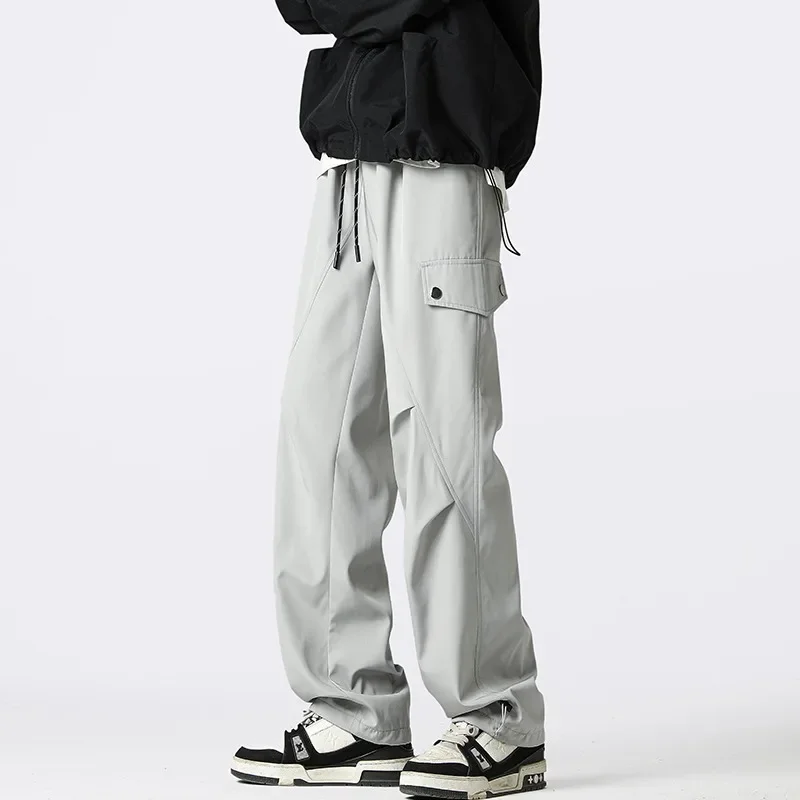 Men's Autumn/Winter Functional Rush Pants, Trendy Waterproof Thick Hiking Pants, Fleece Lined Straight Leg Casual Pants, Solid Color Versatile Fashion Pants