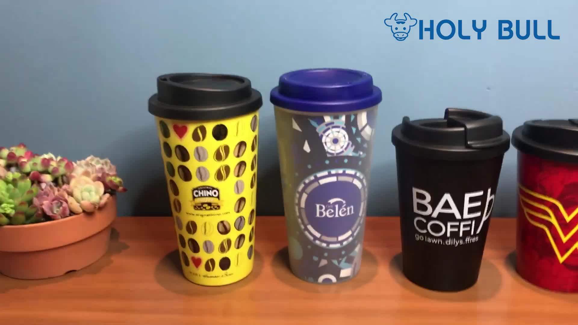 Wholesale Reusable Plastic Coffee Cup With Full Wrap Printing With Lid