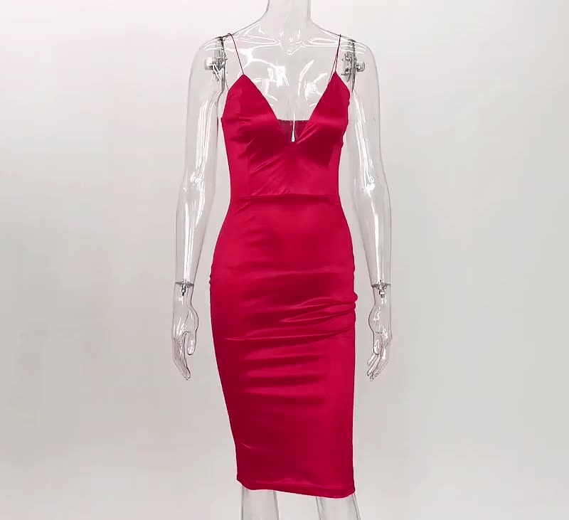 Red Black Silk Satin Dress Elegant Spaghetti Straps Knee Length Party Dresses Ladies Sexy V-neck 