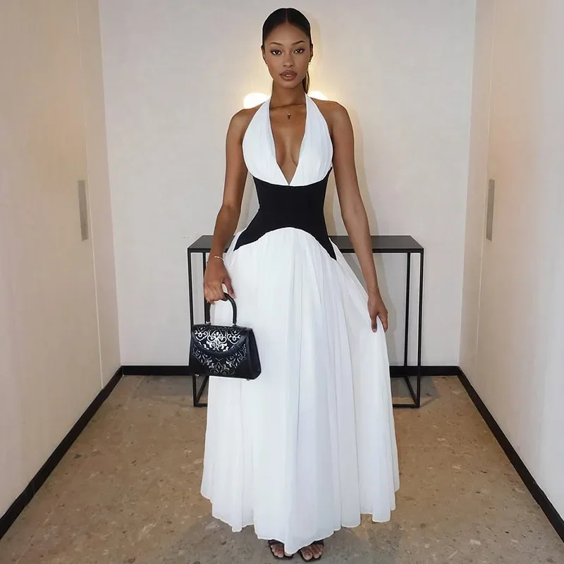 Foreign Trade Summer New European and American Women's Fashion Contrast Color Sexy Deep V Sleeveless Neck Waistline dress Women