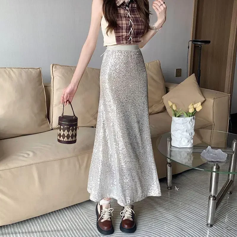 plus size Women's chubby girl Vintage Mid-length Skirt Autumn Fishtail Long Skirt A- line Sequin Hip Skirt for Women