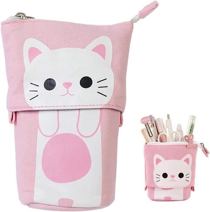 Telescopic Pencil Case Stand Up Pen Bag Grid Pencil Holder Canvas