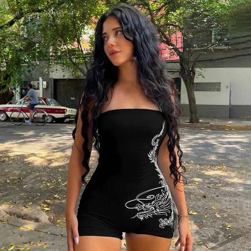 eBay Fashion European and American Style Dragon Pattern Printed Strapless Jumpsuit Tight Hip Sleeveless Chest Wrapped Sports All-in-One Shorts