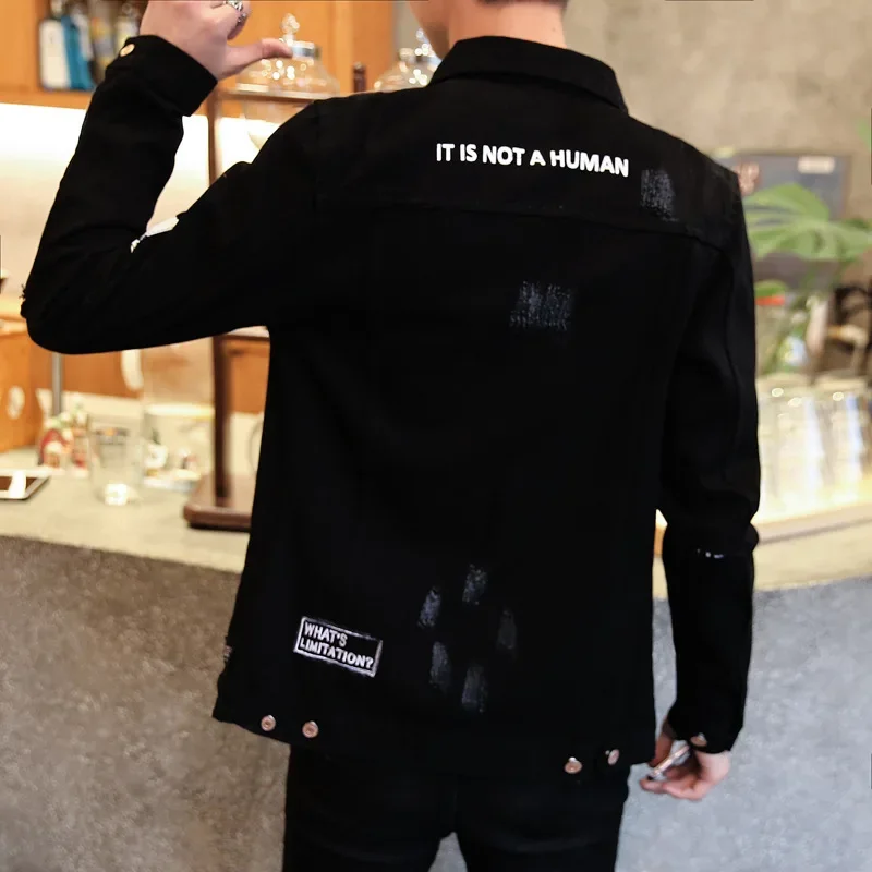 Autumn trend black denim jacket, 2018, Korean style, for teenagers, slim fit