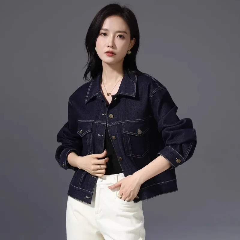 Vintage dark blue POLO collar Denim coat women's 2024 spring and autumn new casual motorcycle short jacket top