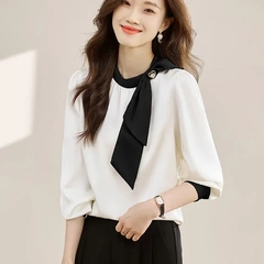 法式溫柔領口蝴蝶結襯衫女裝2025春季新款拼色飄帶設計感緞面上衣
