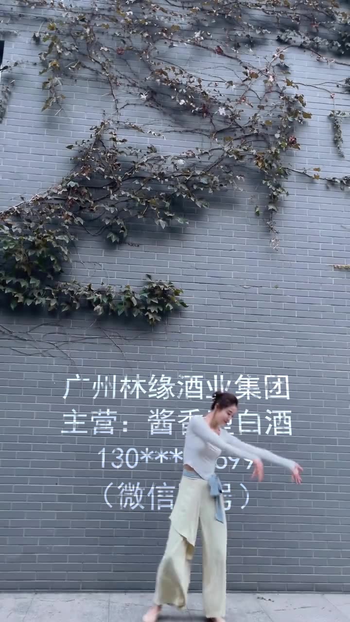 编号1947：灰衣美女跳舞墙上文字