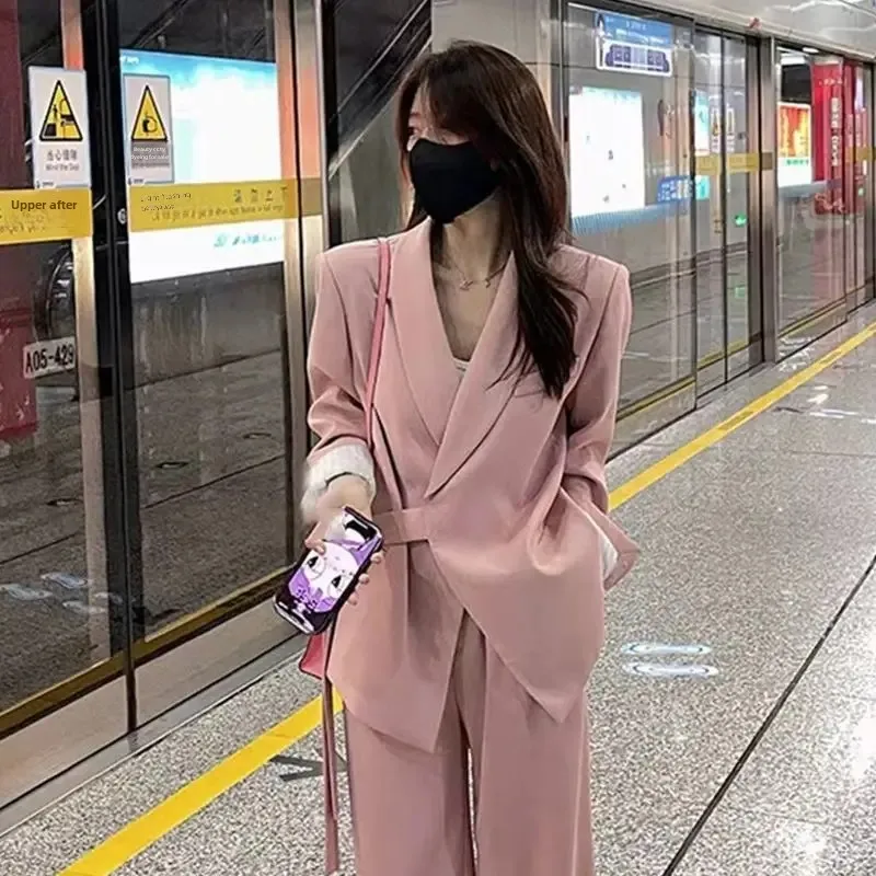 Spring New Arrival Belt All-match Elegant Casual Design Suit suit Korean Style High Waist Straight Trousers Two-piece Set