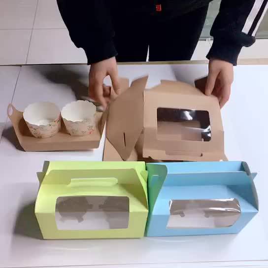 Cupcake Muffin Box With Handle Cardboard Food Grade Kraft Bakery Boxes