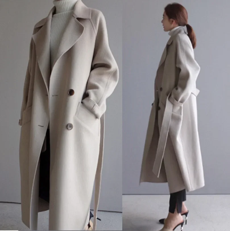 Elite demi-season woolen coat, long double-sided cashmere, Korean style, mid-length