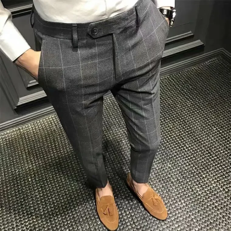 Spring Plaid Casual Trousers Men's Slim-fit Korean Men's Foot Pants British Ankle-length Pants Men's Trendy Western Pants