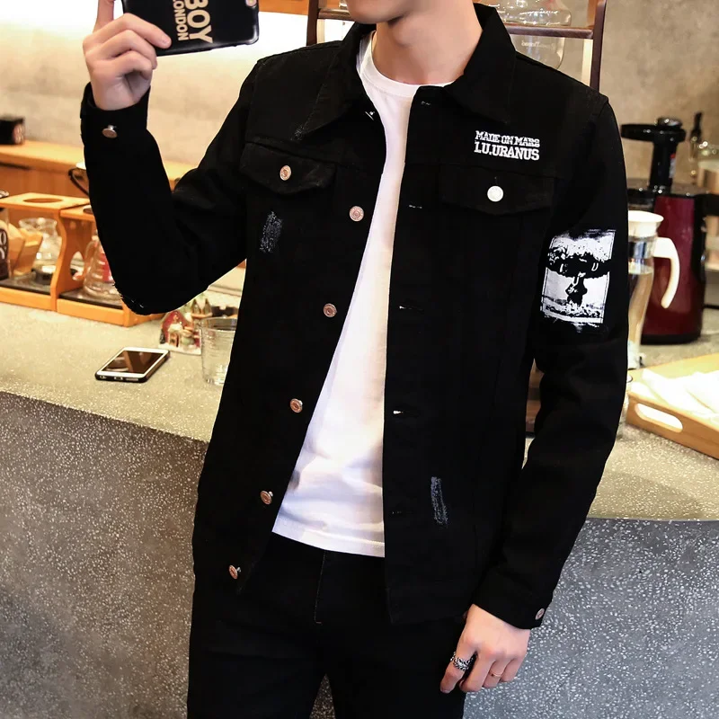 Autumn trend black denim jacket, 2018, Korean style, for teenagers, slim fit