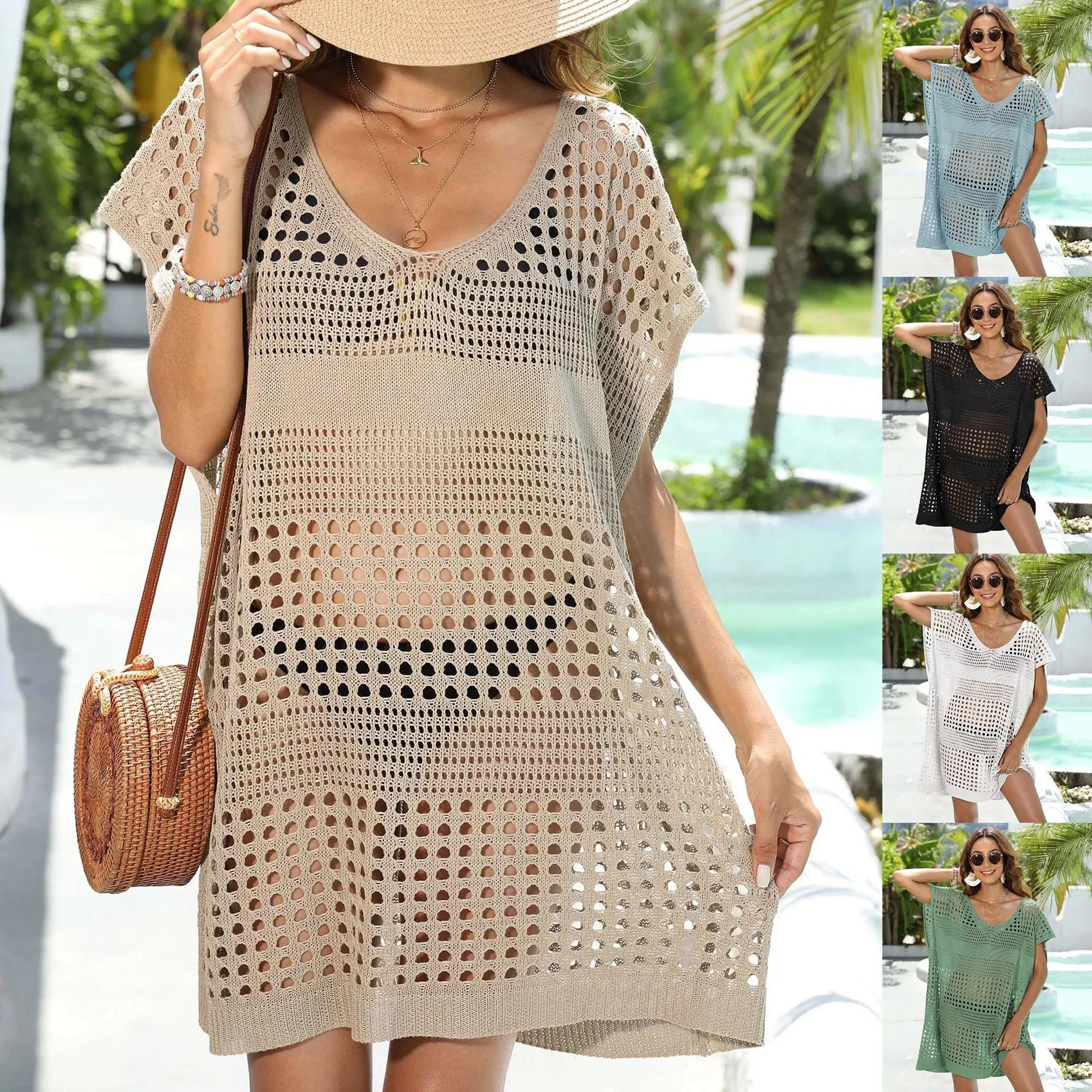 Beach clothes vacation blouse cross-border European and American women's hollow woven shirt bikini blouse loose dress Z955