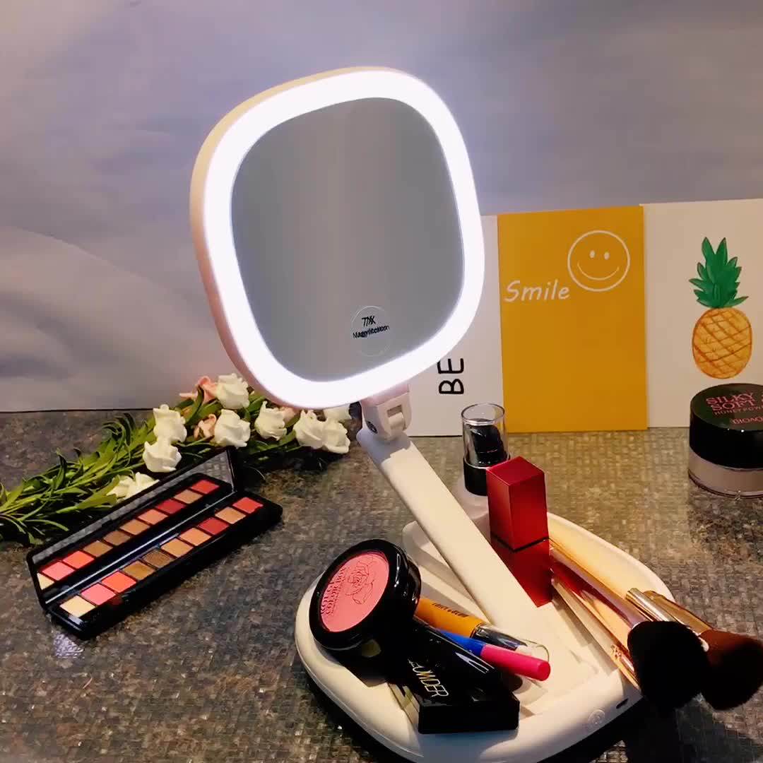 Folding Led Light Table Top Makeup Mirror Rotatable Vanity Mirror
