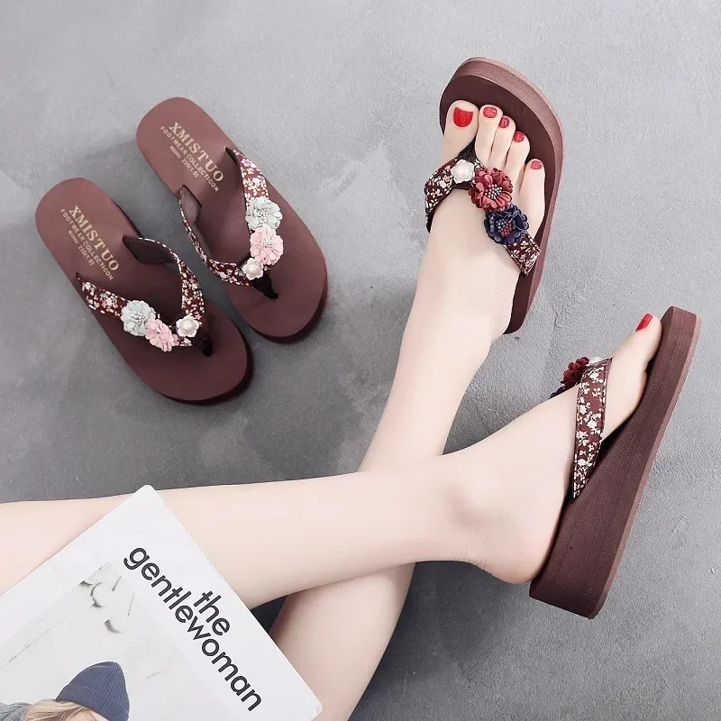 Summer New Flower Women's Flip-flops Thick-soled Non-slip Sandals for Outer Wear Fashionable Seaside Beach Vacation Slippers