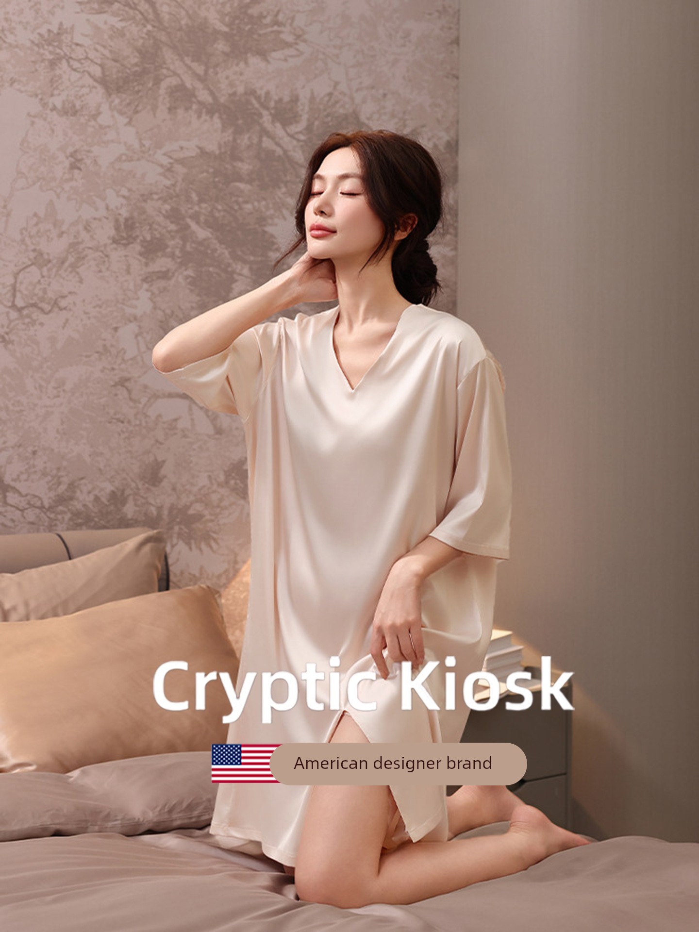 Cryptic Kiosk Silk Nightgown for Women, Spring and Summer Thin Solid Color Simple Three-Quarter Sleeve Loungewear Set
