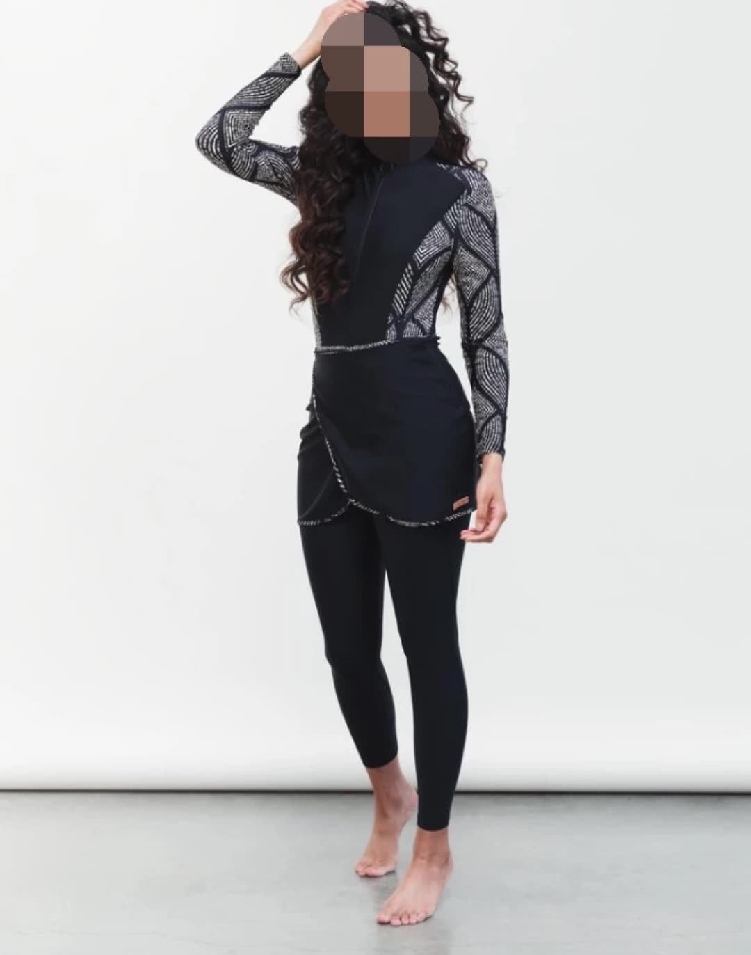 Sipo Dubai Muslim Burkini Swimwear Black And White Print Fourpiece Set