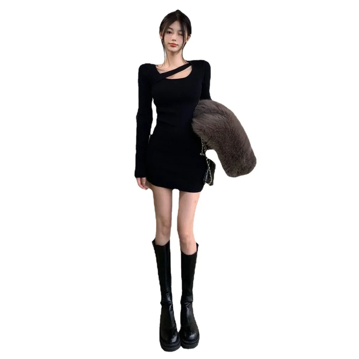 Bodycon Dress 2025 New Trendy Girl Dress Long Sleeve Autumn Winter Mature Women's Clothing Tight Black Short Skirt Body Shaping