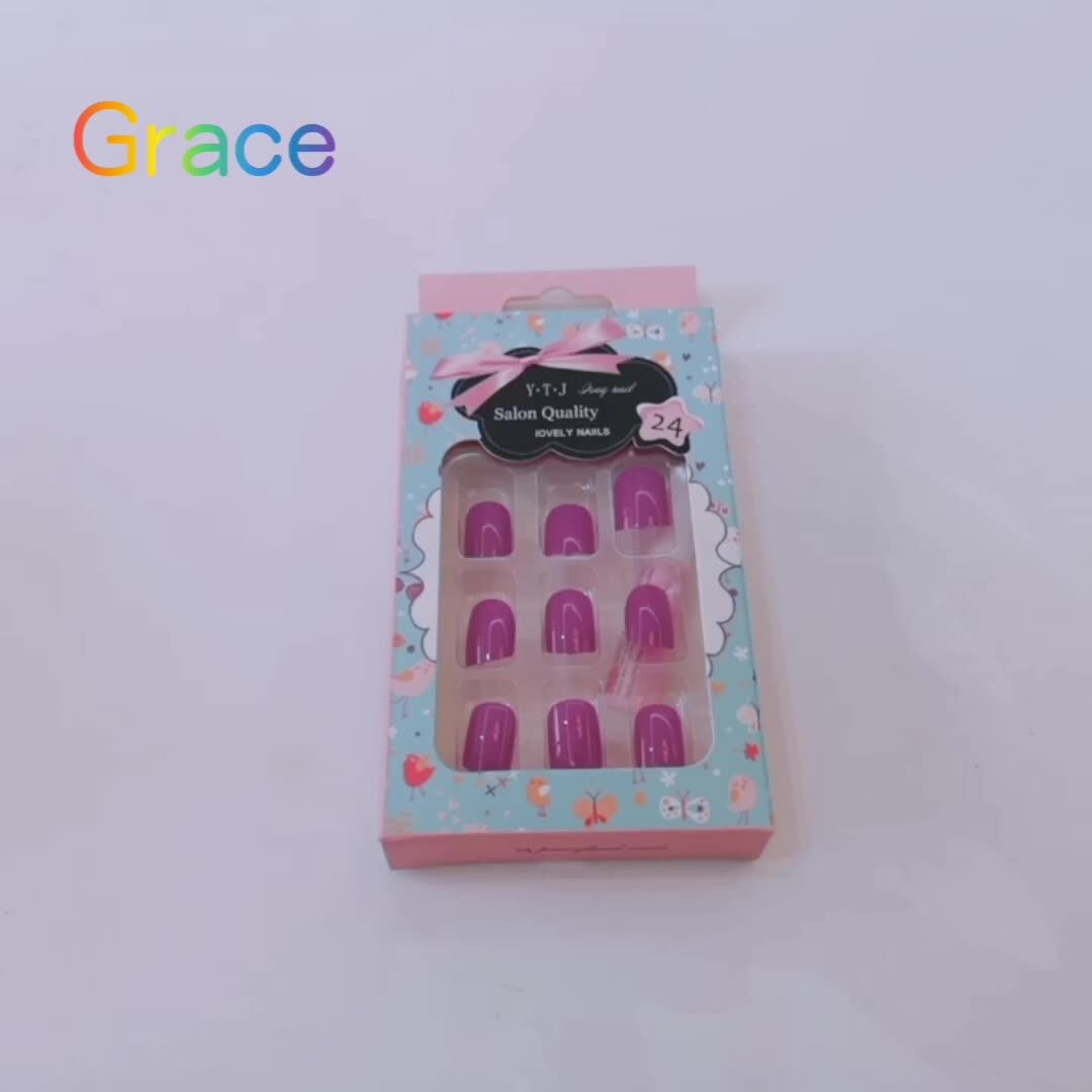 F39 24 Pcs/box Full Cover Press On Pure Bright Bean Coloured Wide Nail
