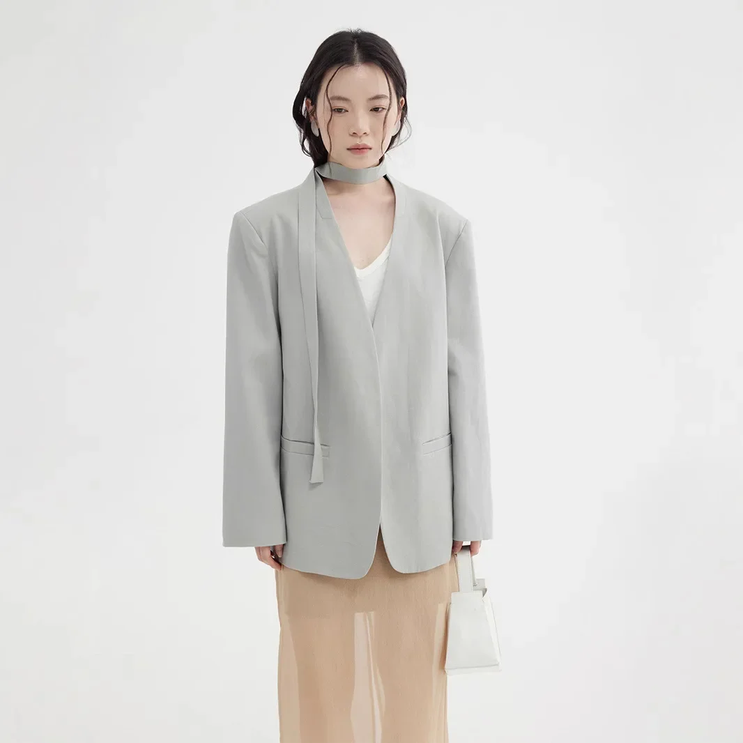 Love and Nancy Thirteen Lines 2025 Spring Korean Style V-Neck Loose All-match Lace-up Linen Smart Suit Women's 11616
