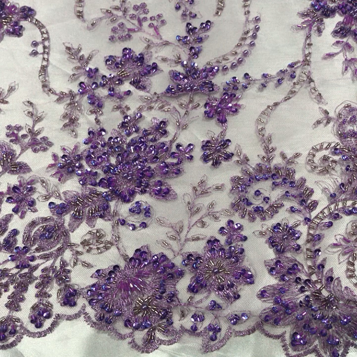 2017 New Fashion Purple Beaded Lace Fabric Net Embroidered Beaded