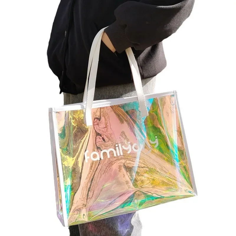 Laser transparent pvc handbag customized high-end clothing bag large capacity plastic colorful crossbody jelly bag