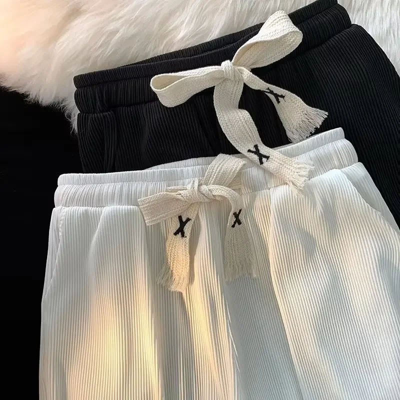 Men's Summer Ice Silk Pants with Drape and Ice Feel, High Street Sporty Loose Straight Leg Fashion Wide Leg Casual Trousers