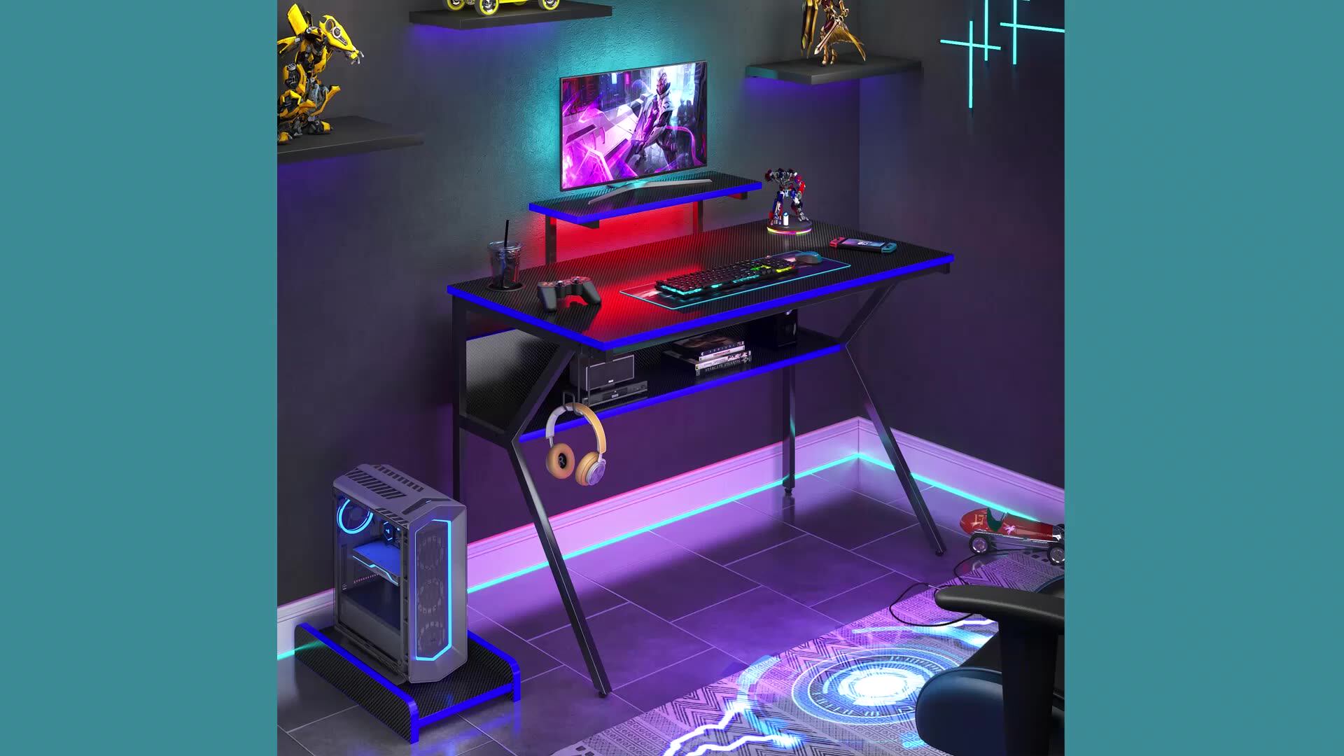 Bestier Rgb Gaming Table K Shaped Computer Desk Racing Style Office